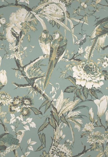 Duck egg blue wallpaper with exotic birds and foliage for a timeless interior look