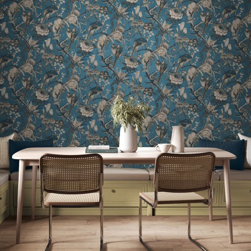 Perrow Blue Wallpaper with intricate botanical and bird illustrations on a rich teal background