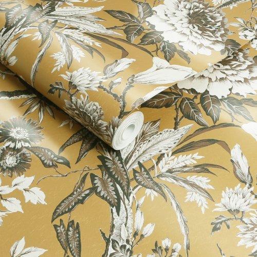 Mustard yellow wallpaper with exotic birds and foliage, perfect for classic and modern interiors