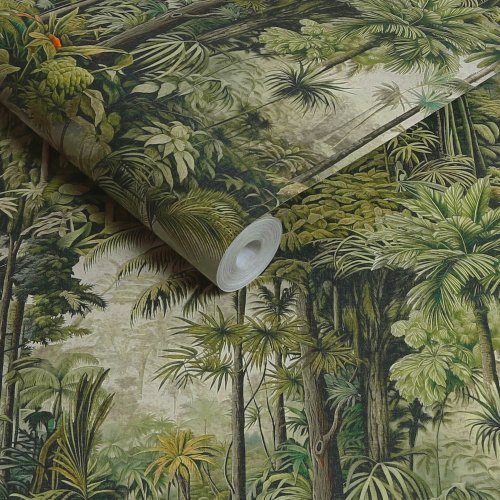 Roll shot of Benmore Ridge Lush Green Wallpaper featuring jungle foliage in deep green tones