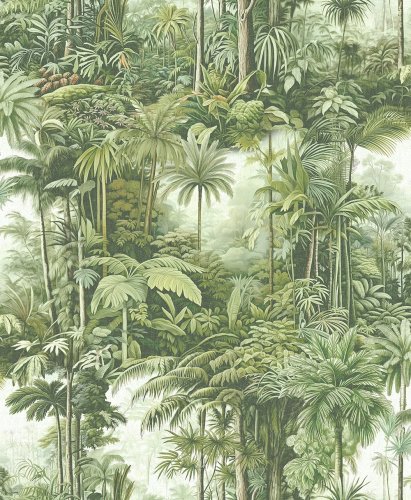 Soft sage green rainforest wallpaper roll shot with delicate botanical detailing