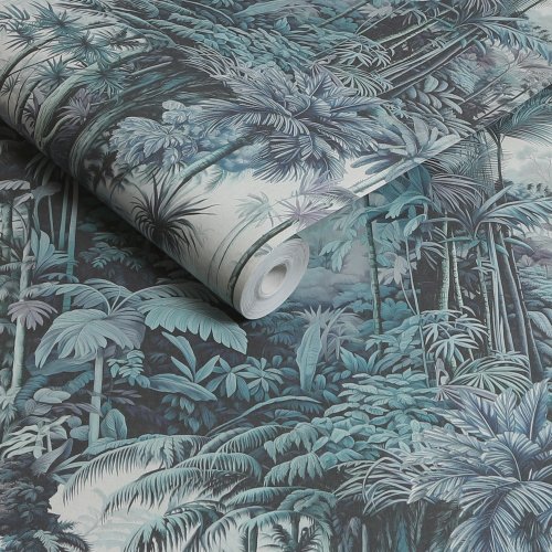 Roll shot of Benmore Ridge Twilight Wallpaper featuring misty jungle foliage in twilight tones