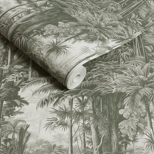 Roll shot of Benmore Ridge Monochrome Wallpaper with misty jungle detailing in grayscale tones