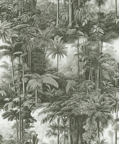 Black and white rainforest wallpaper roll shot with intricate botanical design for a modern interior