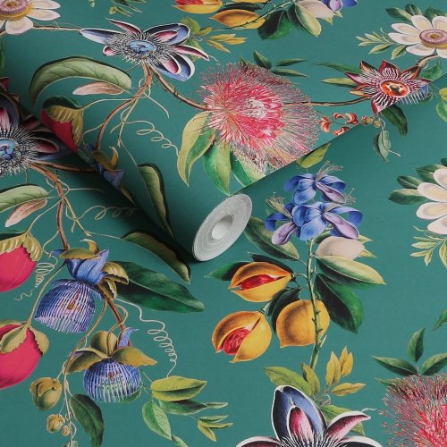 Roll shot of Physic Garden Teal Wallpaper showcasing rich pink, purple, and yellow flowers for a striking design