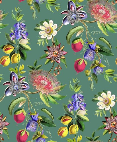 Bold floral wallpaper with exotic botanical prints in vivid colours against a teal backdrop