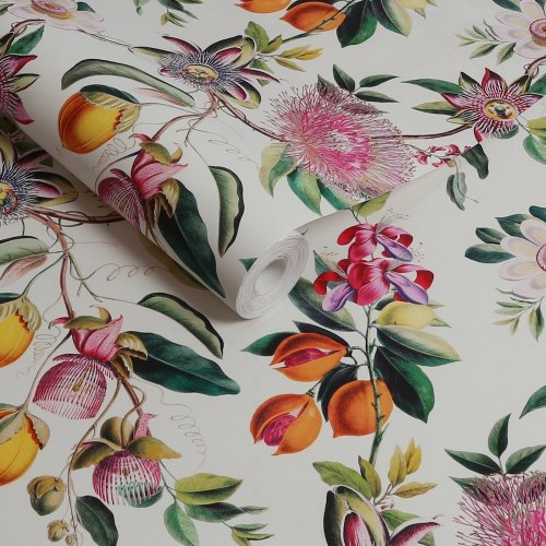 Roll shot of Physic Garden Lush Wallpaper with hand-drawn flowers and foliage in vivid colours