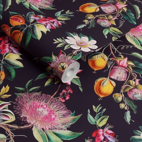 Roll shot of Physic Garden Blackcurrant Wallpaper with exotic flowers and fruits in rich colours