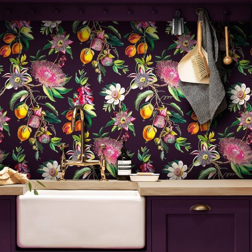 Physic Garden Blackcurrant Wallpaper featuring vibrant botanical florals on a dark plum background