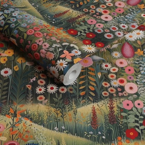 Roll shot of Glenwhan Wildflower Summer Wallpaper with hand-painted wildflowers in a bright, botanical scene