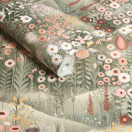 Roll shot of Glenwhan Wildflower Dew Wallpaper with hand-painted wildflowers in delicate sage and blush tones