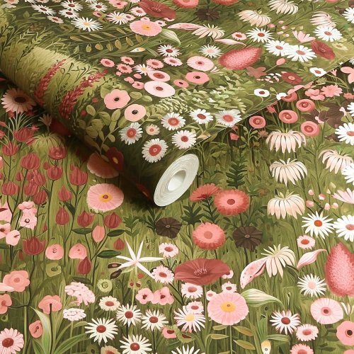 Roll shot of Glenwhan Wildflower Spring Wallpaper with hand-painted wildflowers and botanical detailing