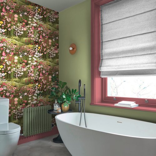 Glenwhan Wildflower Spring Wallpaper featuring vibrant pink and red florals in a lush meadow setting