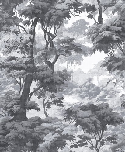 Monochrome landscape wallpaper with intricate forest detailing for a classic and elegant interior