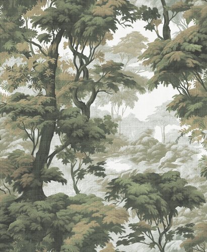 Botanical landscape wallpaper with layered forest detailing for a classic and natural interior