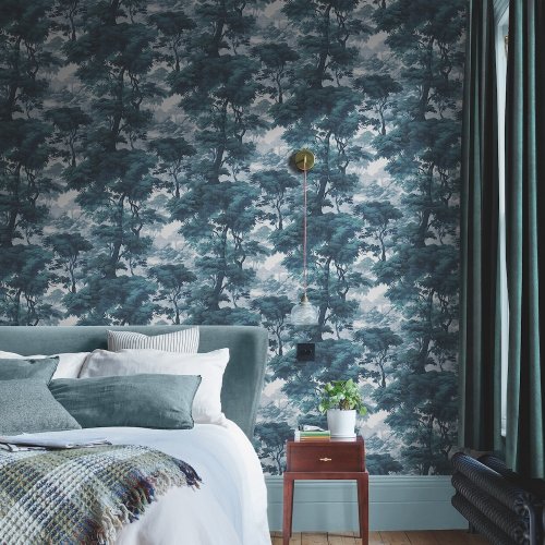 Bobart's Garden Sundown Wallpaper featuring a vintage forest landscape in deep blue twilight tones