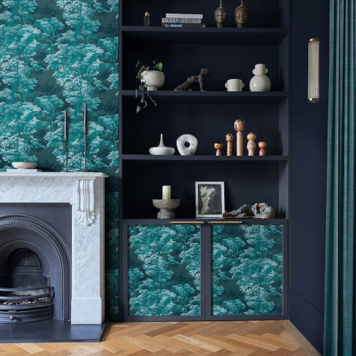 Bobart's Garden Midnight Wallpaper featuring a vintage forest landscape in deep teal and midnight blue