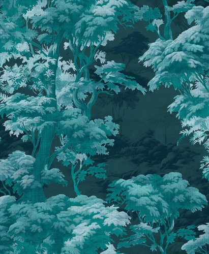 Dark forest landscape wallpaper with rich teal and blue hues for a bold and sophisticated interior