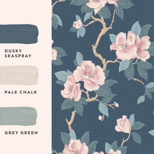 Coordinating paint colours paired with Laura Ashley Maya Dusky Spray Wallpaper for a seamless décor look.