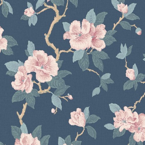 aura Ashley Maya Dusky Spray Wallpaper with dusky pink florals on a deep blue background.