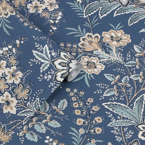 Laura Ashley Marlbrook Duck Seaspray Wallpaper roll showing intricate floral pattern on a deep duck egg base.