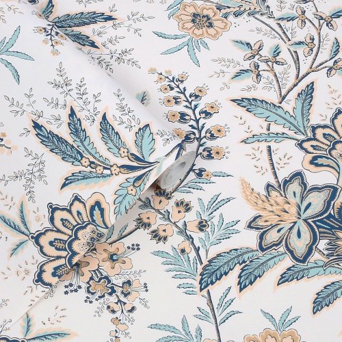 Laura Ashley Marlbrook Pale Linen Wallpaper roll highlighting the intricate botanical pattern on a pale linen base.