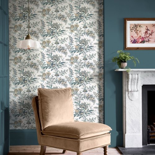 Laura Ashley Marlbrook Pale Linen Wallpaper styled in a room, adding classic charm with its heritage-inspired floral print.