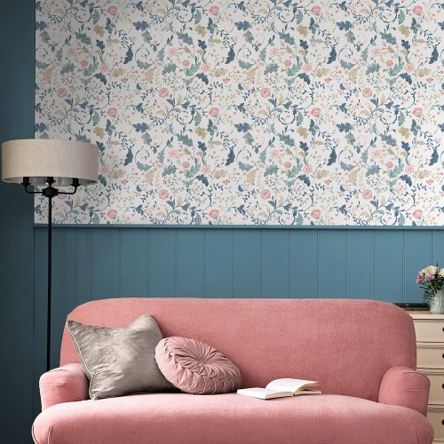 Laura Ashley Litton Dusky Seaspray Wallpaper styled in a room, bringing a fresh and elegant floral touch to the walls.