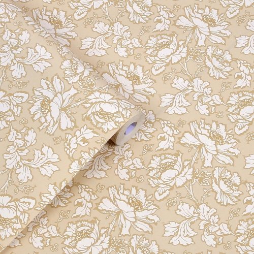 Laura Ashley Tamara Gold Wallpaper roll showing intricate floral detailing in soft white and gold.