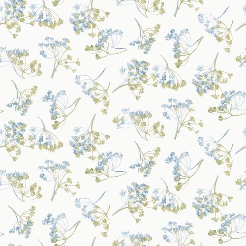 Laura Ashley Avonbury Hedgerow Green Wallpaper with delicate blue wildflowers and soft green stems on a neutral background.