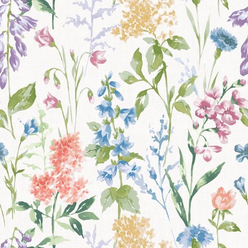 Laura Ashley Elston Garden Multi Wallpaper featuring a hand-painted floral design with pink, blue, and yellow flowers on a soft cream background