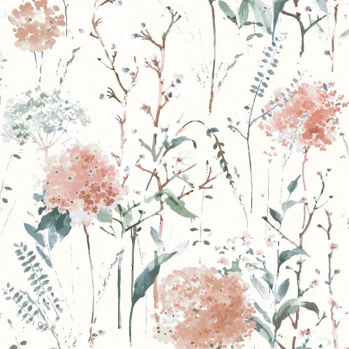 Laura Ashley Pallington Bloom Plaster Pink Wallpaper with a delicate watercolour floral print in blush pink and sage green on a cream background