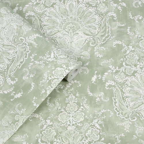 A roll of Laura Ashley Maddox Sage Green Wallpaper showcasing its elegant scrolling patterns and soft distressed texture