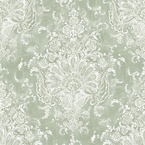 Laura Ashley Maddox Sage Green Wallpaper featuring a vintage damask design in sage green with distressed ivory detailing