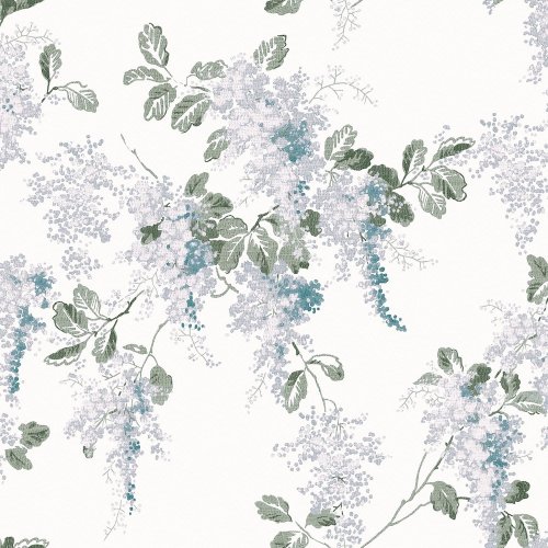 Laura Ashley Mirabelle Pale Seaspray Wallpaper featuring cascading wisteria in soft blues, greens, and lavender on an ivory background