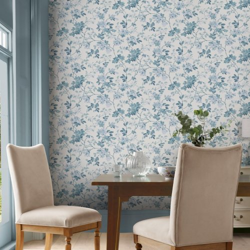 Laura Ashley Yewland Seaspray Wallpaper styled in a living space, creating a serene and airy atmosphere