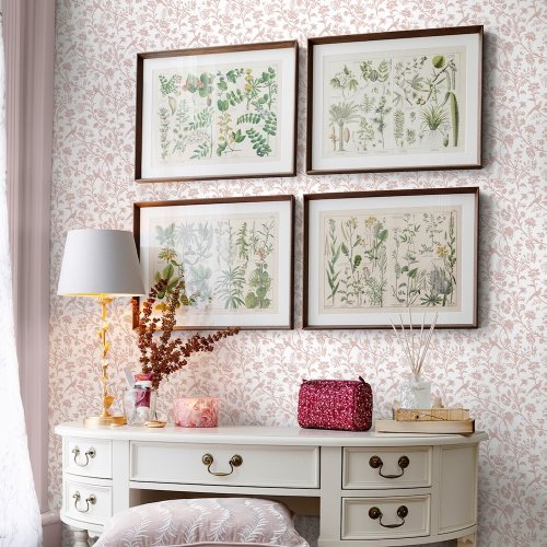 Laura Ashley Shepherd's Purse Dark Blush Wallpaper styled in a bedroom, bringing a vintage and elegant atmosphere