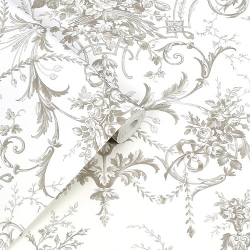 A roll of Laura Ashley Tuileries Dark Dove Grey Wallpaper showcasing its refined damask pattern in soft grey tones