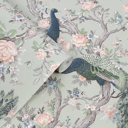 A roll of Laura Ashley Belvedere Sage Green Wallpaper showcasing its detailed peacock and floral design in soft green and pastel tones