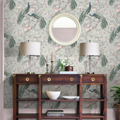 Laura Ashley Belvedere Sage Green Wallpaper styled in a luxurious interior, creating an opulent and refined atmosphere