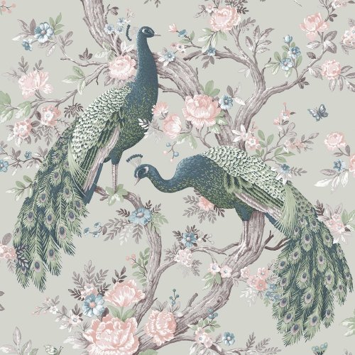 Laura Ashley Belvedere Sage Green Wallpaper featuring elegant peacocks among soft pastel florals on a muted green backdrop