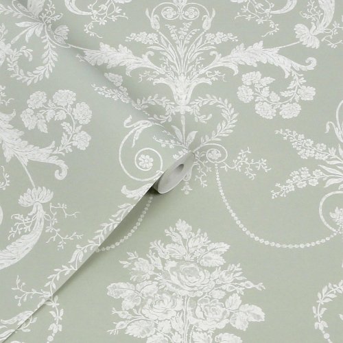 A roll of Laura Ashley Josette Sage Green Wallpaper showcasing its delicate floral damask design in sage green and white tones