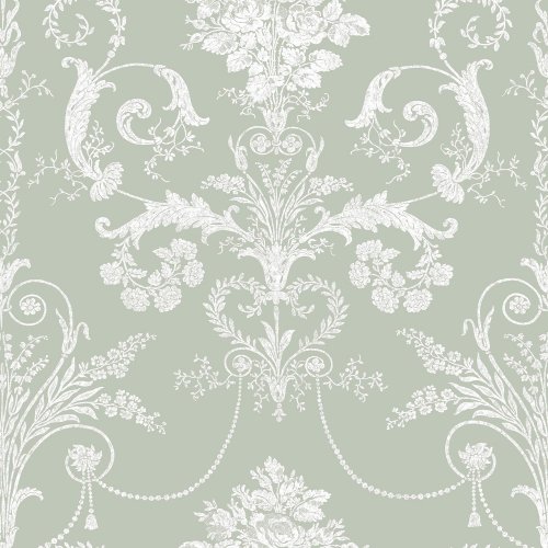 Laura Ashley Josette Sage Green Wallpaper featuring an elegant damask pattern with floral swags and intricate detailing on a soft green backdrop