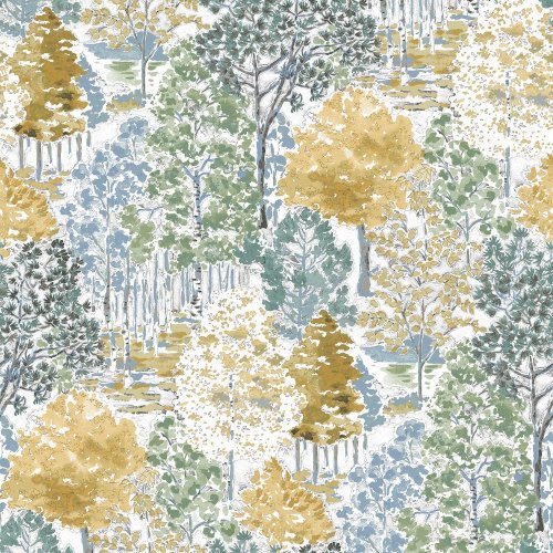 Laura Ashley Bernwood Ochre Yellow Wallpaper with a hand-painted woodland scene in ochre, sage green, and soft blue on a white backdrop