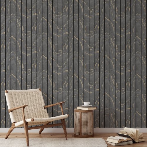 Muriva Woodgrain Panel Charcoal & Gold Wallpaper 193503