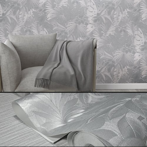 Galerie Eden Metallic Jungle Leaves Silver Wallpaper Room