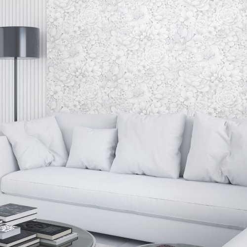 legant white and grey floral textured wallpaper design by Galerie Eden.