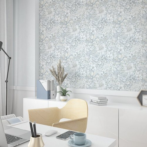 Galerie Eden Floral Texture Blue and Grey Wallpaper featuring soft blooming flowers with a textured finish.