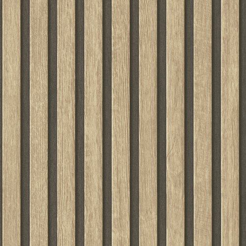 Wooden slat wallpaper with natural wood grain and a dark background, creating a wood panelling effect by AS Creation