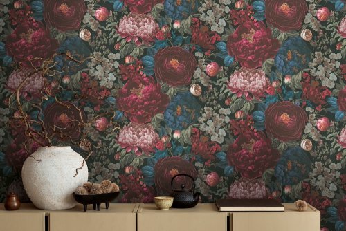 Michalsky wallpaper with oversized crimson and cream flowers on black